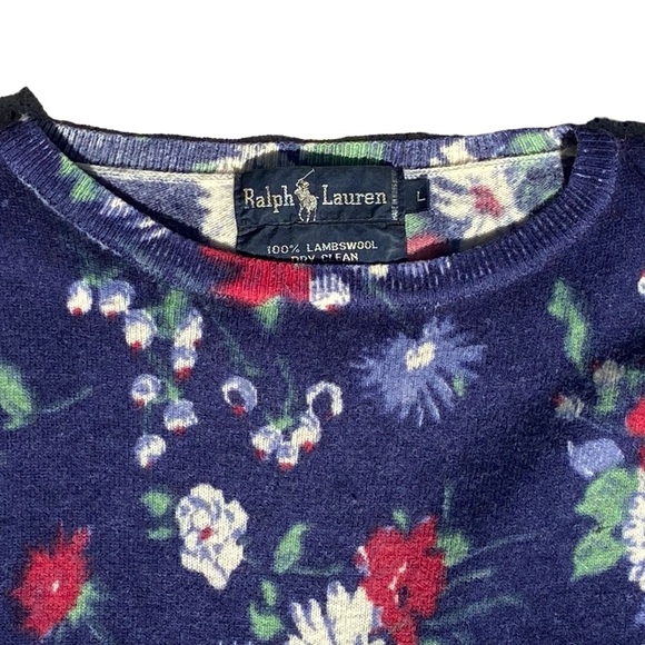 Vintage 90s Rare Ralph Lauren Blue Floral Lambswool Sweater Women Size Large - Picture 2 of 7